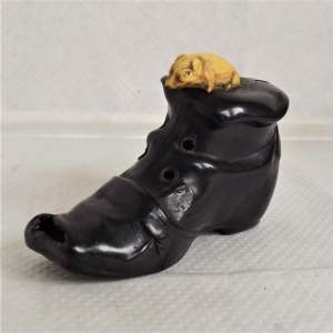 Early 20th Century Japanese Carved Bone Mouse on Lacquer Boot