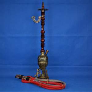 Tall Decorative Brass and Wood Hookah on Stand