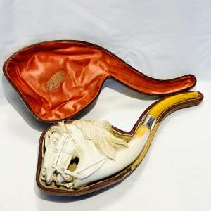 Rare Meerschaum Carved Horsehead Cased Pipe
