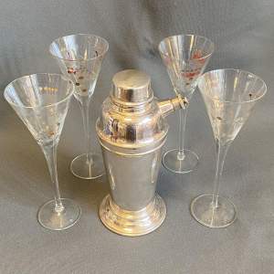 Silver Plated Cocktail Shaker and Four Glasses