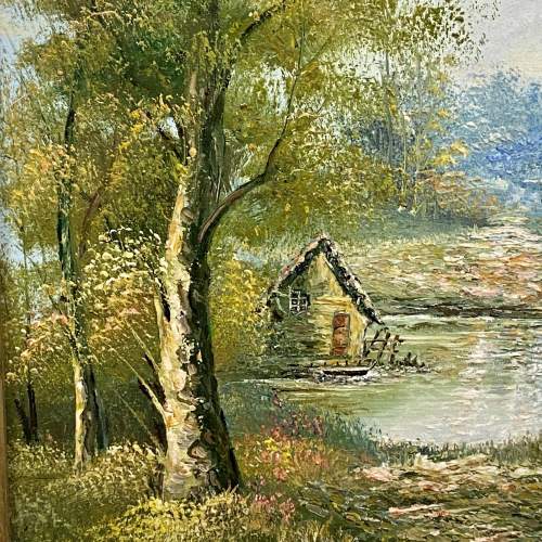 Oil on Board Painting of a Fishing Lodge image-2