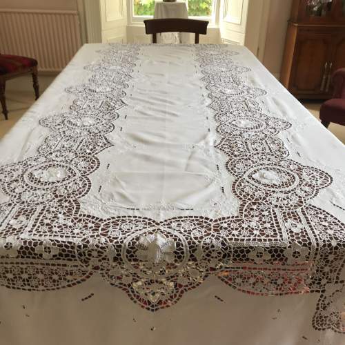 Extra Long Linen and Lace Tablecloth - 128in x 65in image-2