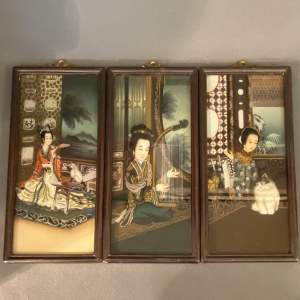 20th Century Set Of Three Chinese Paintings On Glass