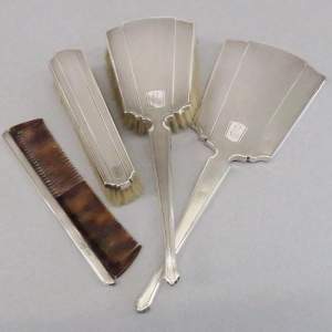 Silver Art Deco Four Piece Vanity Grooming Set Brushes Mirror