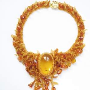 Vintage 1970s Handmade Faux Amber Bib Style Costume Necklace