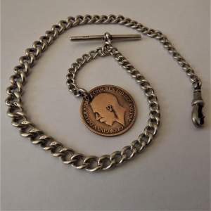 George V Solid Silver 1914 Albert Watch Chain & 1914 Coin Fob