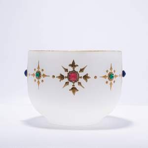 Lovely Antique Frosted Opal Glass Bowl with Coloured Cabochons
