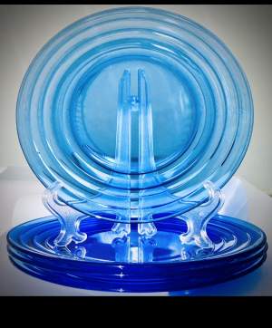 Four Art Deco Cobalt Blue Glass Lunch Plates-Hazel Atlas ModernTone