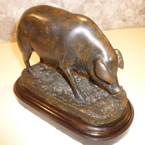 Bronze Pig on Wooden Base image-1