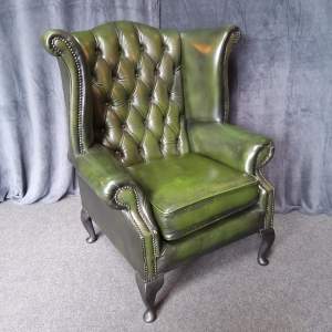 Green Leather Chesterfield Wingback Queen Ann Style Armchair.