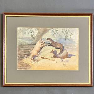 Early 20th Century Watercolour Painting of a Pig and an Otter