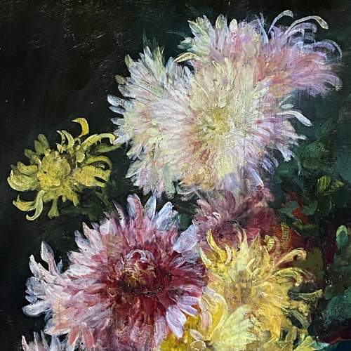 Eugene Petit Oil on Panel of Still Life of Chrysanthemums image-2