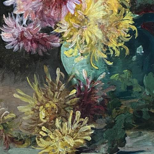 Eugene Petit Oil on Panel of Still Life of Chrysanthemums image-3