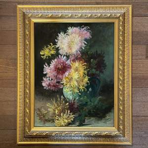 Eugene Petit Oil on Panel of Still Life of Chrysanthemums