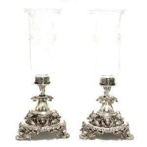 Pair of Fine Sheffield Silver Plated and Etched Glass Storm Lamps