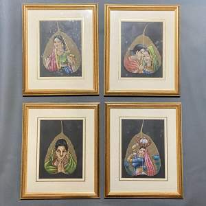 A Set of Four Framed & Glazed Indian Portraits on Leaves