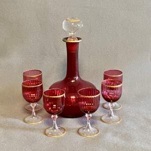 Murano Glass Ruby Red Decanter With Six Glasses