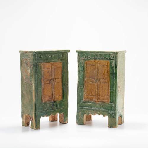 Fabulous Pair of Chinese Ming Dynasty Miniature Pottery Wardrobes image-1