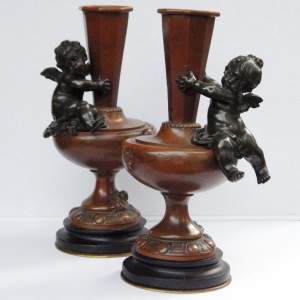 Auguste Moreau Pair of Antique Late 19th Century Bronze Cherub Vases