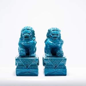 Good Pair of Chinese Ceramic Turquoise Glazed Temple Lions