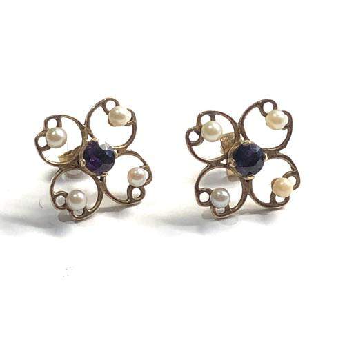 Vintage 9ct Gold Amethyst and Pearl Earrings image-1