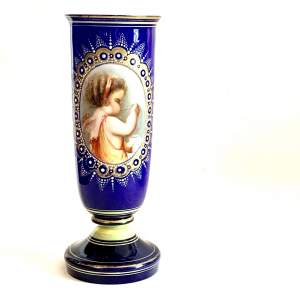 Antique Blue Glass Vase enamelled with a Child