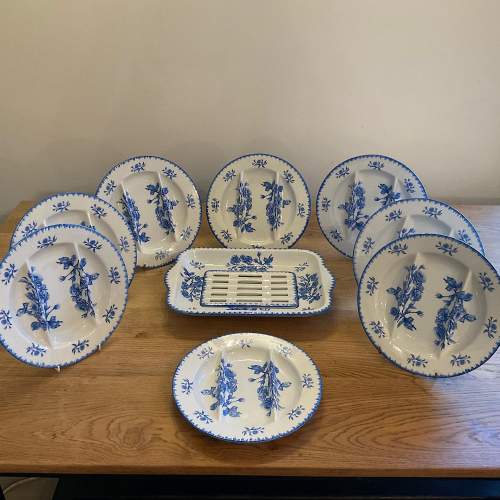 Set of Eight French Blue & White Asparagus Plates and Drainer image-1