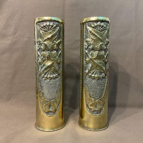 Pair of Trench Art Brass Vases with an Ivy Design image-1
