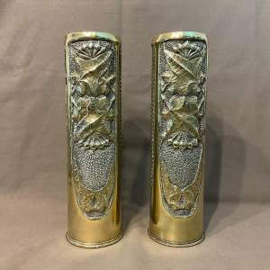 Pair of Trench Art Brass Vases with an Ivy Design - Arts & Crafts