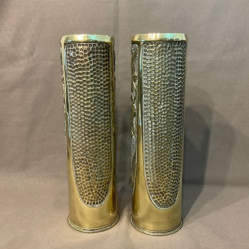 Pair of Trench Art Brass Vases with an Ivy Design image-2