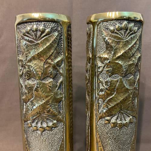Pair of Trench Art Brass Vases with an Ivy Design image-3