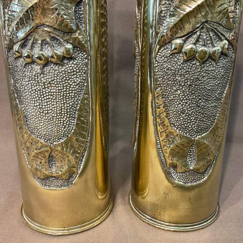 Pair of Trench Art Brass Vases with an Ivy Design image-4