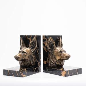 Good Pair of Bronzed Spelter and Marble Alsatian Dog Bookends
