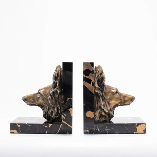 Good Pair of Bronzed Spelter and Marble Alsatian Dog Bookends image-2