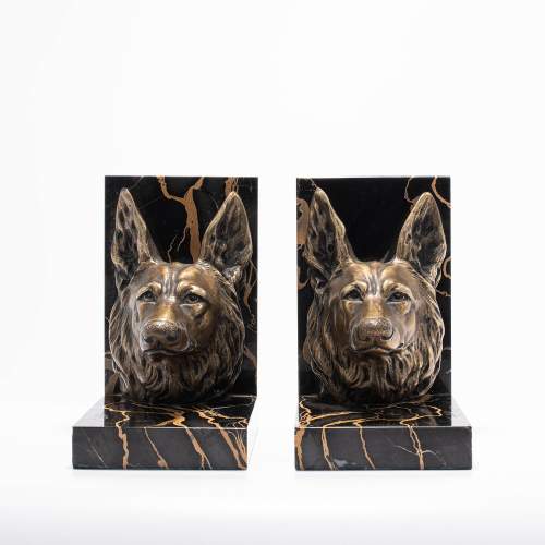 Good Pair of Bronzed Spelter and Marble Alsatian Dog Bookends image-3