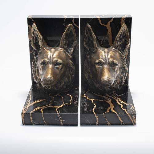Good Pair of Bronzed Spelter and Marble Alsatian Dog Bookends image-5