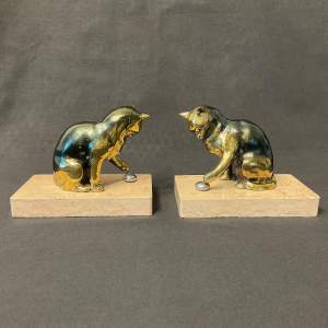 A Pair of French Art Deco Playful Kittens Bookends on Marble Base