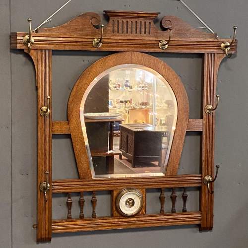 Edwardian Hanging Oak Hall Mirror with Barometer image-1