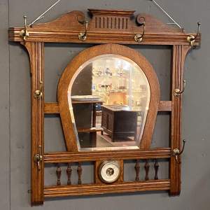 Edwardian Hanging Oak Hall Mirror with Barometer