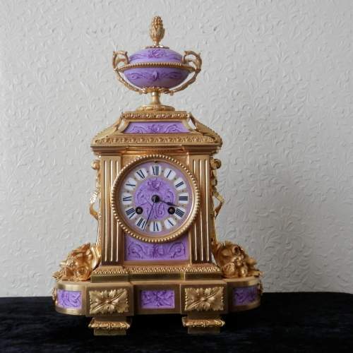 French Gilded Bronze Clock with Porcelain Panels image-1
