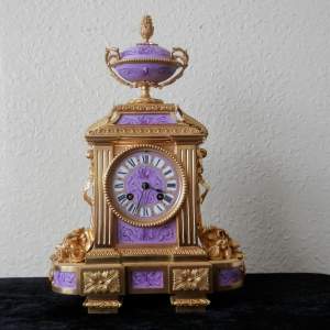 French Gilded Bronze Clock with Porcelain Panels