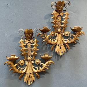 Pair of Decorative Gilt Metal Wall Candle Sconces