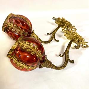 19th Century Gilt Metal & Cranberry Glass Candle Sconces