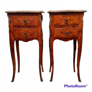 A Pair of French Marble Top Marquetry Bedside Tables