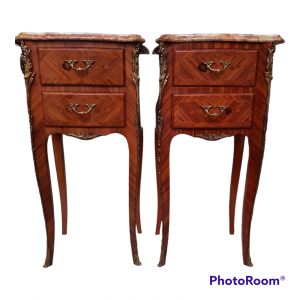 Pair of French Marble Top Marquetry Bedside Tables
