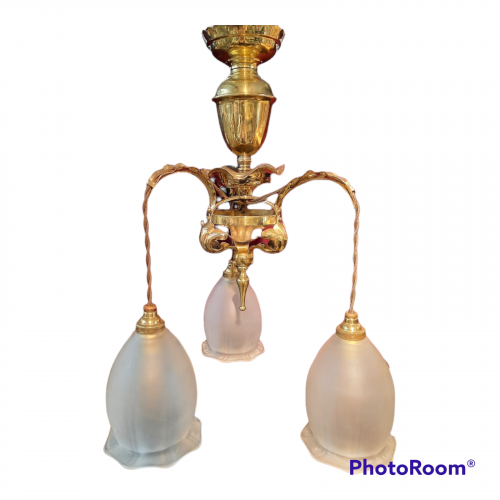 Three Arm Arts and Crafts Brass Ceiling Light image-1