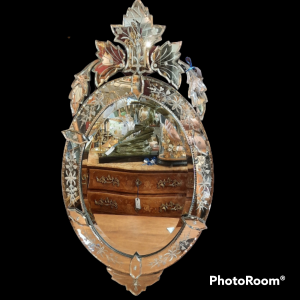 Large Venetian Bevelled Oval Glass Mirror with Decorative Pelmet