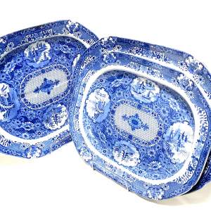 Set of Three Georgian Spode Net Pattern Blue & White Meat Plates