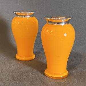 Pair of Early 20th Century Orange Glass Vases with Silver Collars