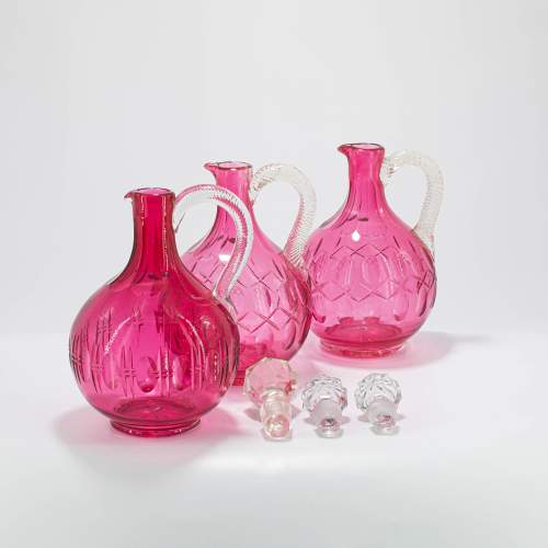 Three Victorian Cranberry Glass Decanters with Stoppers image-5